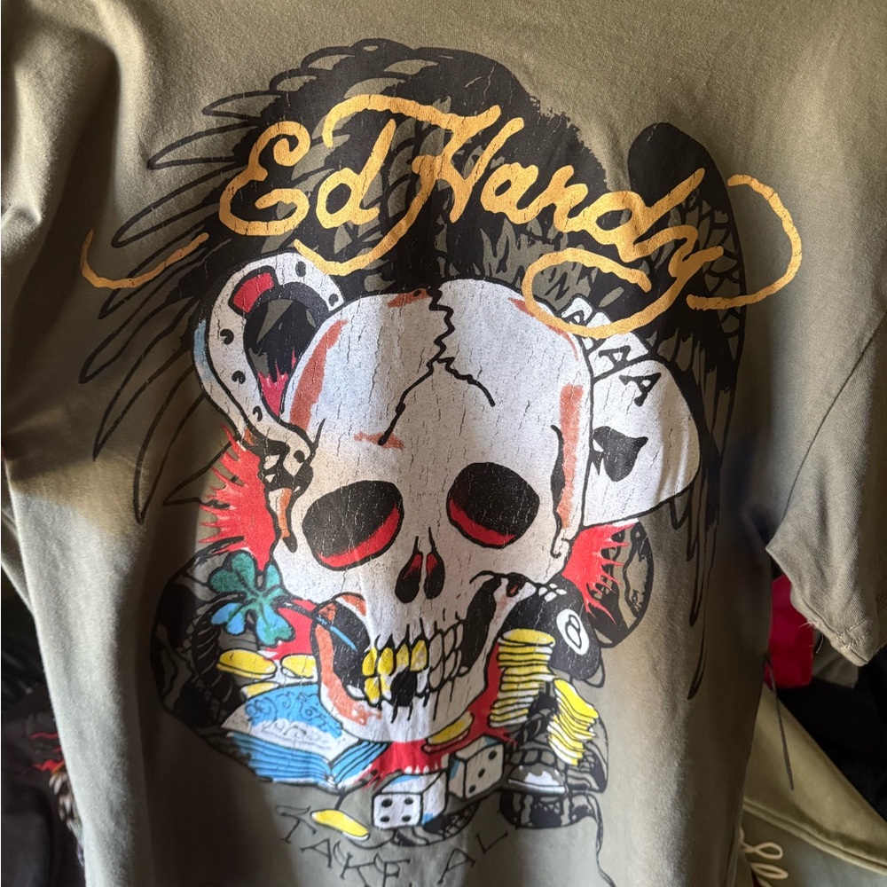 Ed Hardy Olive Skull Graphic Tee